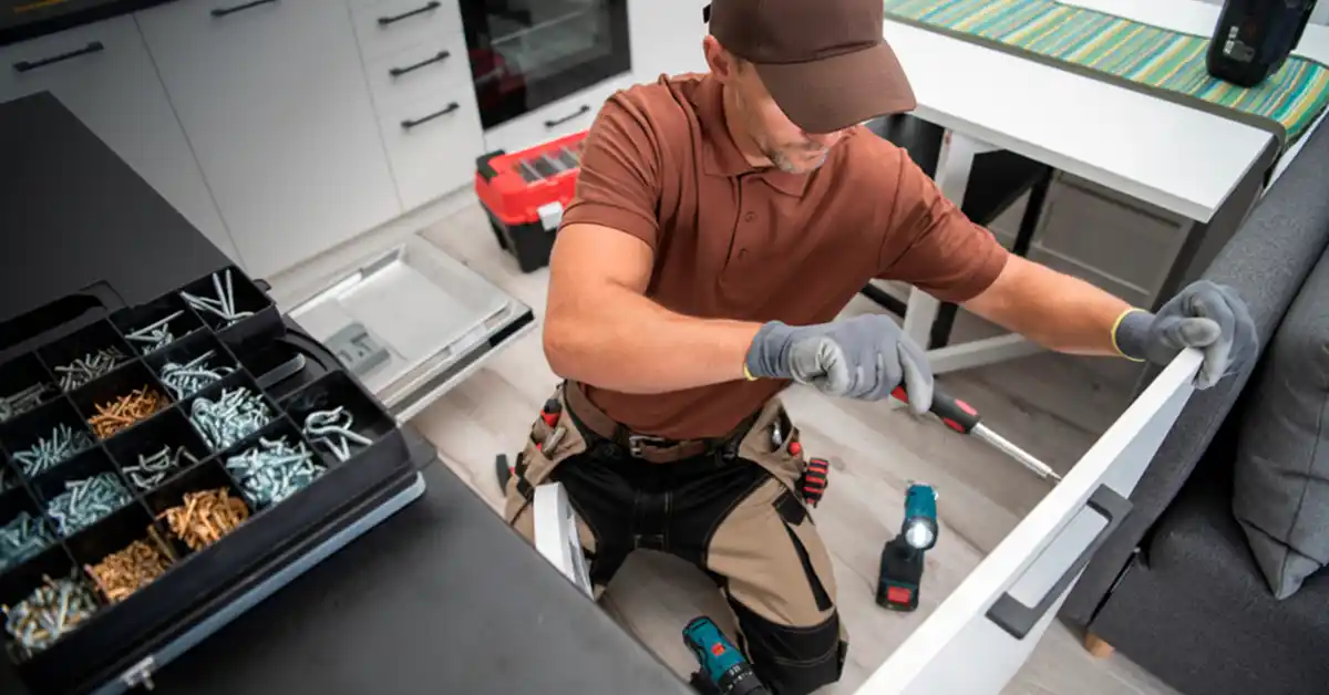 A handyman in a brown polo and tool belt kneeling on a floor, using a manual screwdriver to assemble white wooden furniture near an organized tray of screws and bolts.