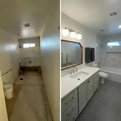 A side-by-side comparison of a bathroom remodel showing an unfinished construction zone with exposed concrete floors and a bare shower stall being transformed into a modern bathroom with a light grey double vanity, white quartz countertop, large grey floor tiles, and a clean white tiled bathtub area.