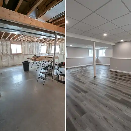 A side-by-side comparison of a basement renovation showing an unfinished space with exposed wood framing and concrete floors being transformed into a finished room with grey wood-look flooring, painted walls, and a drop ceiling with recessed lighting.