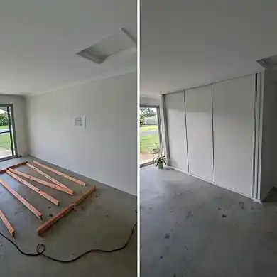 A side-by-side comparison of a bedroom or storage area renovation showing a concrete floor and a blank white wall being upgraded with a new custom built-in closet featuring three large white sliding doors.