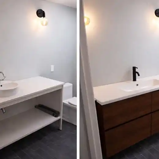 A side-by-side comparison of a bathroom renovation showing a simple white open-shelf vanity being replaced by a modern floating dark-wood vanity with a black faucet and integrated white sink.
