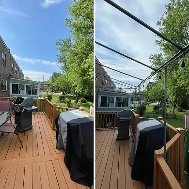 A side-by-side comparison of an outdoor deck upgrade showing a standard open wooden deck being enhanced with the installation of a black metal pergola frame and decorative string lighting.