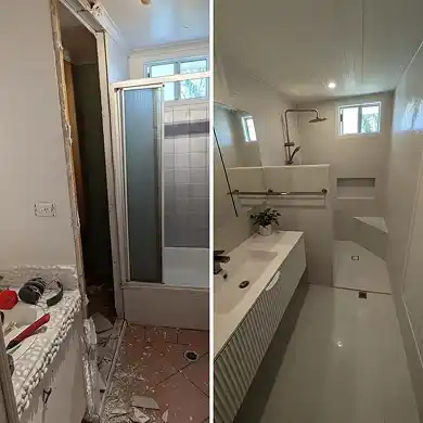 A side-by-side comparison of a bathroom renovation showing a dated pink-tiled space being demolished and transformed into a modern, minimalist bathroom with white large-format floor tiles, a floating fluted vanity, and a curb-less walk-in shower with a rainfall showerhead.