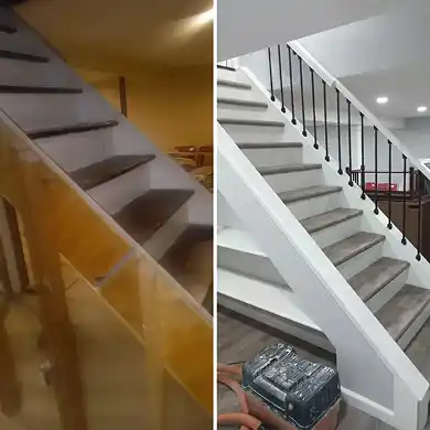 A side-by-side comparison of a staircase renovation showing dated dark-wood stairs being transformed with light-oak treads, fresh white risers and trim, and new black wrought-iron balusters.