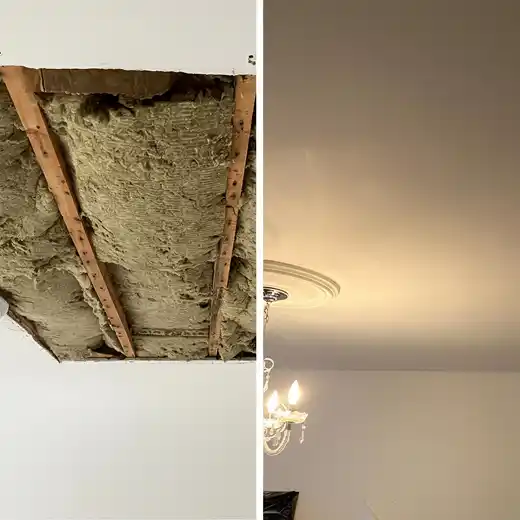 A side-by-side comparison of a ceiling restoration showing exposed wooden joists and yellow fiberglass insulation being repaired and finished with a smooth white plaster surface and a decorative ceiling medallion.