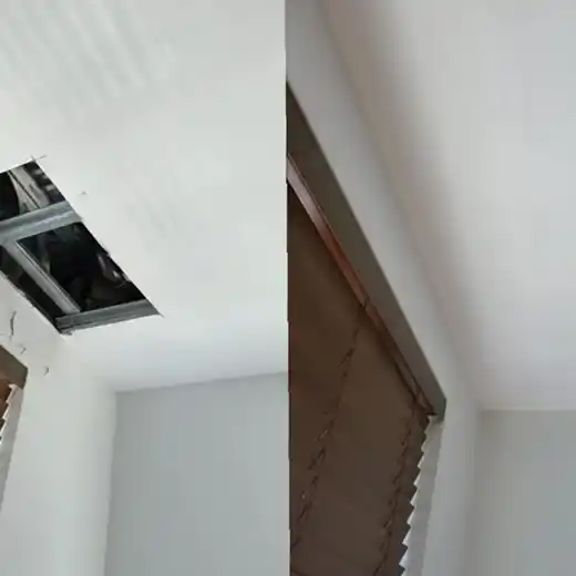 A side-by-side comparison of a ceiling repair showing a rectangular hole in a white drywall ceiling exposing metal framing being patched and finished with a smooth, seamless white surface.