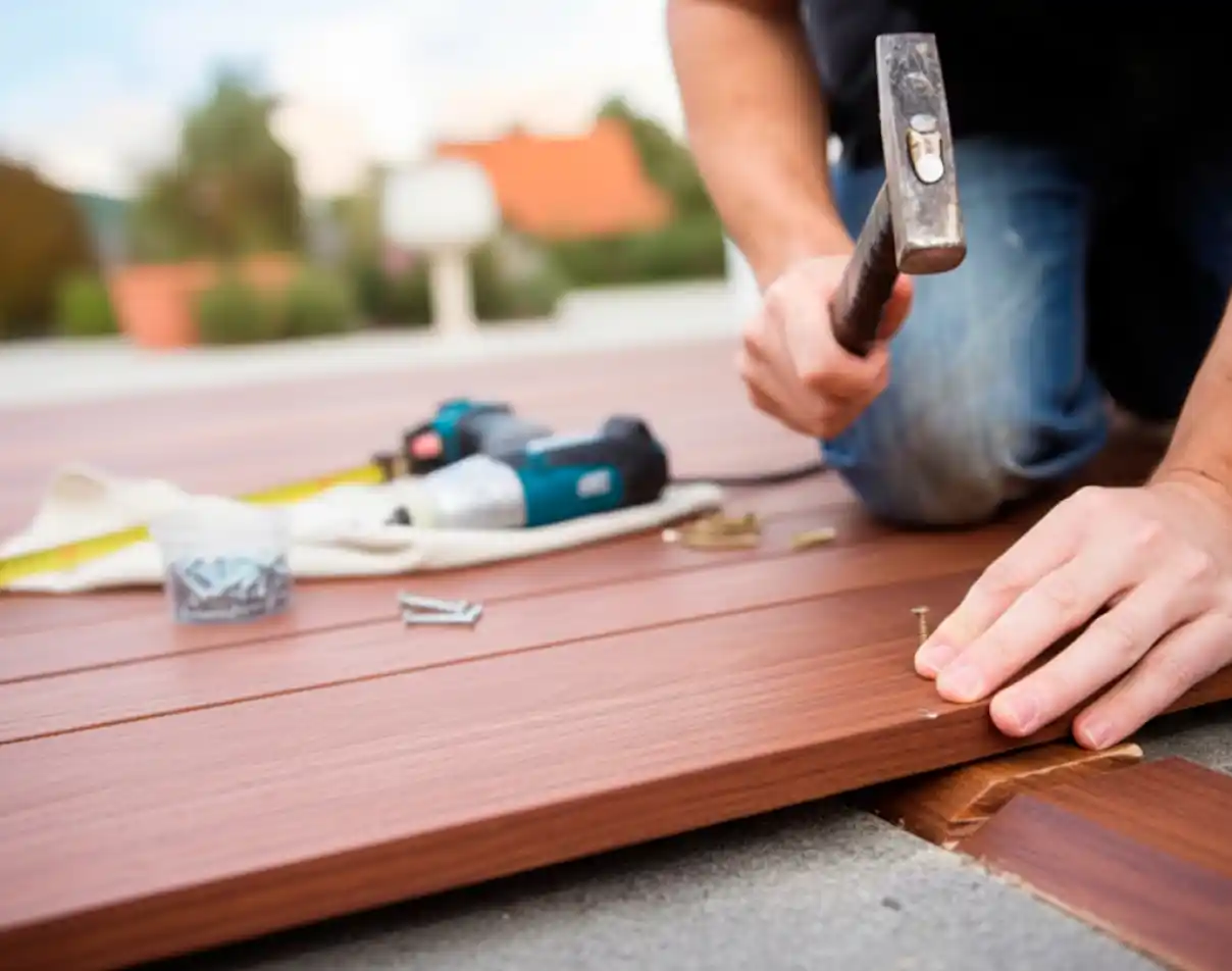 A handyman kneeling on an outdoor patio, using a hammer to drive a nail into a brown composite deck board next to a power drill and a container of hardware.