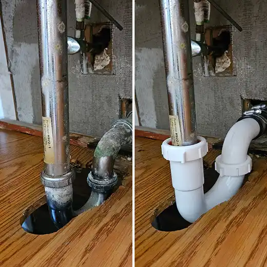 A side-by-side comparison of a plumbing repair showing a corroded and leaking metal P-trap being replaced with a clean white PVC P-trap connected to a chrome sink tailpiece.