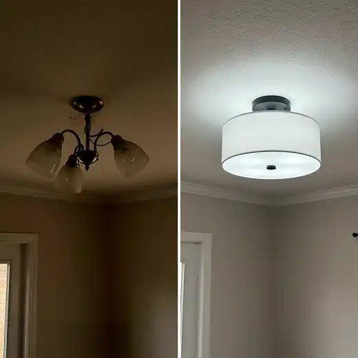 A side-by-side comparison of a lighting upgrade showing an old three-bulb brass chandelier being replaced with a modern white drum semi-flush mount ceiling fixture.