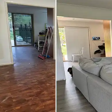 A side-by-side comparison of an interior living space showing old, worn reddish-brown parquet flooring being replaced with modern, light-grey wood-look laminate planks in a bright, open room.