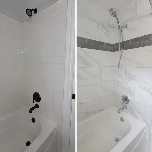 A side-by-side comparison of a bathroom renovation showing a simple white subway-tiled shower with dark bronze hardware being upgraded to large marble-patterned tiles with a grey accent strip and modern chrome fixtures including a handheld showerhead.
